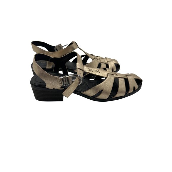 Lucky Brand  11 Womens Metallic Gold Strappy Sandals With Block Heels & Buckle - Picture 6 of 10